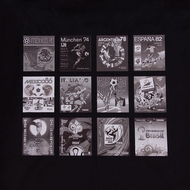 Close-up of the sticker album collage, highlighting the unique cover designs from different World Cup editions.