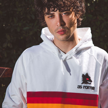 Model wearing the AS Roma Stripes Hooded Sweater outdoors