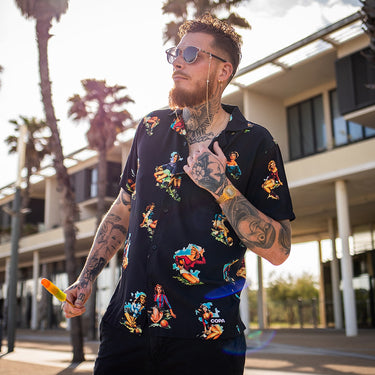 Model wearing the Calcio Donna Camp Collar Shirt in a casual outdoor setting.