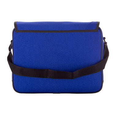 Back view with solid blue flap and black strap.
