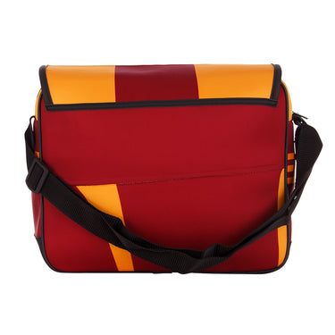 Back view with horizontal color blocks and black adjustable strap.