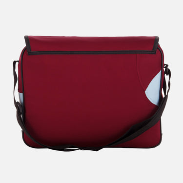 Rear view showing maroon back with black strap.
