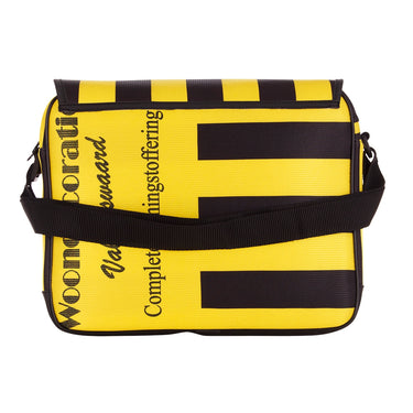 Back view showing horizontal text and black adjustable strap.