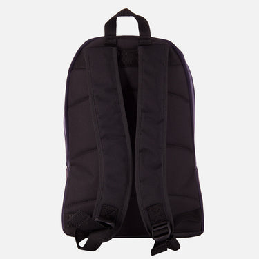 Side and back view of the backpack showing padded straps and black paneling
