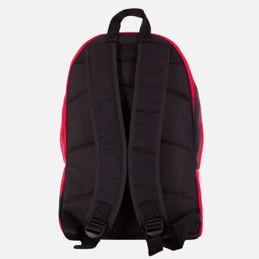 Side and back view of the backpack showing padded straps and black paneling